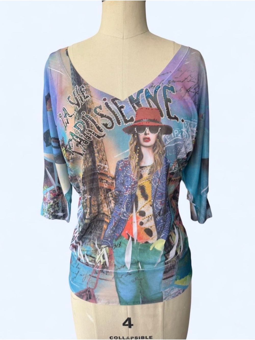 Euro Beaded Vibrant Multi-Color Graphic V-Neck Women’s Top